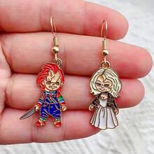 2pcs New Halloween Enamel Earrings Christmas Night Horror Movie Cartoon Character Asymmetric Earrings For Women Jewelry Wholesale, New Earrings For Women, Large Silvery And Black Mixed Earrings, Light Weight Big Earrings, Vintage Clip On Earrings Women, Dangling Hanging Cute Earrings, Geometric Dangle Earrings, Long Beaded Earrings, Earrings Dangling,  Style Earrings For Women, Vintage Golden Earrings For Women, Holiday Earrings, Costume Jewelry, Asymmetric Design, - 2 chiếc - Xem 1
