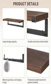 Dahey Mug Holder Wall Mounted Mug Rack With Hooks, Set Of 2, Storage Rustic Floating Shelf Coffee Bar Accessories Wood Coffee Cup Hanger For Organizing Cooking Utensil Home Kitchen Decor, Brown