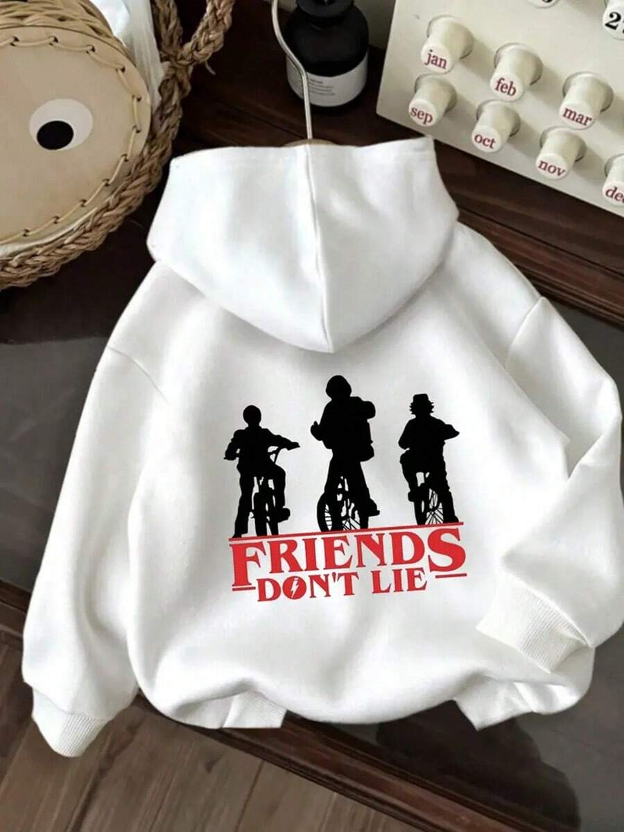 Women'S Casual Hooded Sweatshirt With "Friends Don't Lie" Graphic Design - Light Gray Pullover With Drawstring, Cartoon Print, All-Season Comfort, Casual Wear|Cartoon Print Hoodie|Comfortable Fit, Sweater Hoodie,Fall Hoodies,Men's Fall Clothes,Street Wear,Halloween,Mens Hoodies,Y2k Clothes,Jesus Hoodie,Thanksgiving Day,Nightmare Before Christmas,Christmas - White - View 1