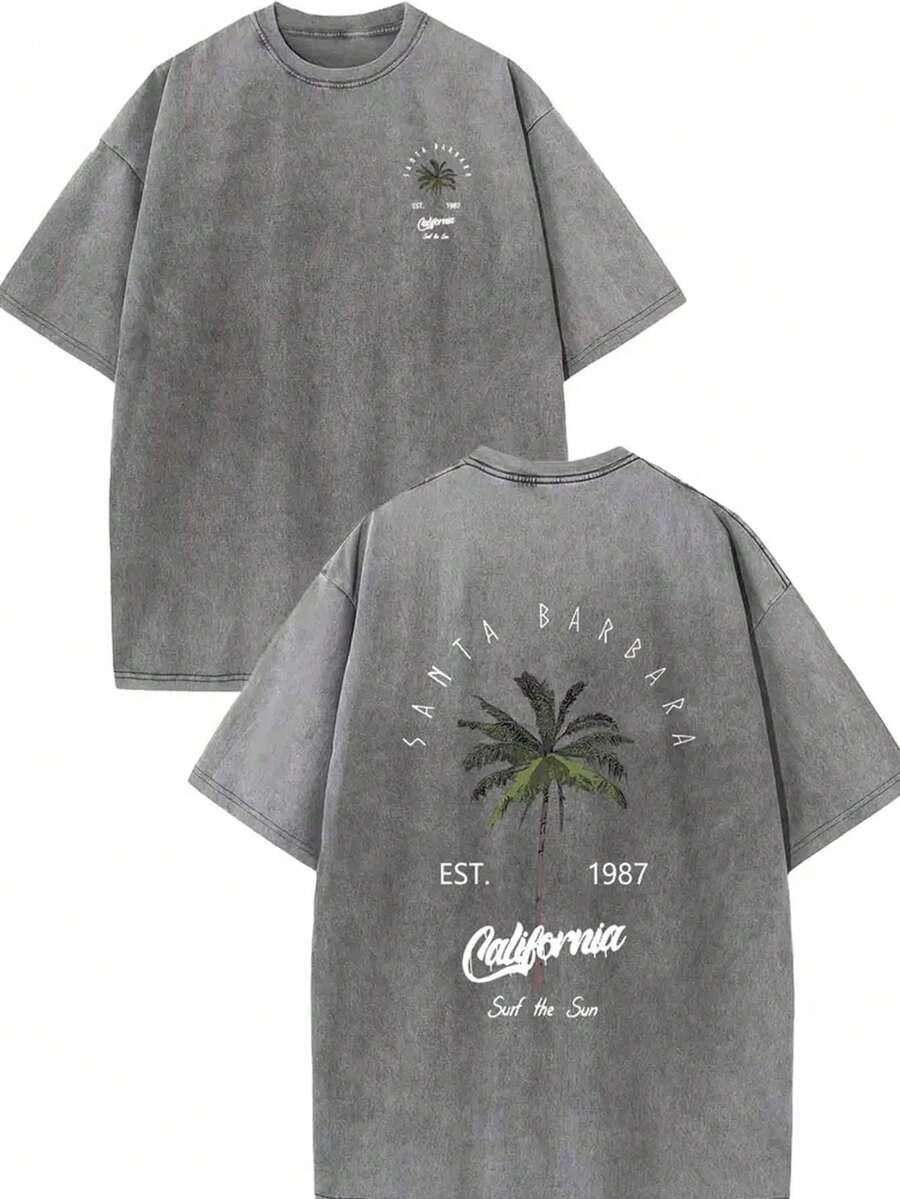 100% Cotton Double-Sided Santa Barbara Palm Tree Print Tee Unisex, Washed Short Sleeve Top, Y2K Streetwear Gift For Boyfriend Husband Daily Outfit - 灰色 - 查看 1