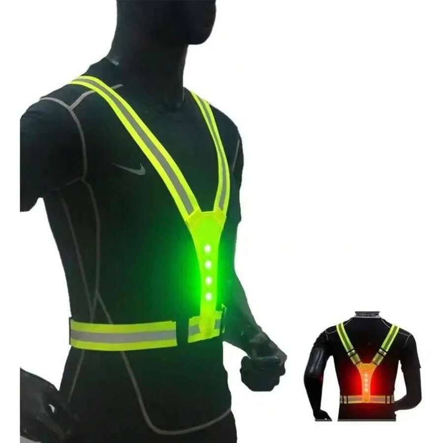 Chaleco Reflectante de Seguridad con Luz LED Ajustable para Correr, Chaleco de Ciclismo, Advertencia Nocturna, Chaleco Deportivo para Trabajo y Pesca - Verde - Ver 1