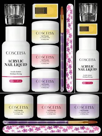 coscelia 8 st akrylpulver och EMA-monomervätska nagelkit - 8 g klart vitt rosa nagelpulver, 30 ml flytande nagelsystem, nageltillbehör för kvinnor, gör-det-själv-konstsalongpresent