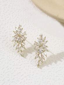 1pair Luxury Flower Cubic Dangle Earrings For Women Bridal Wedding Jewelry Gift For Female Girlfriend Valentine's Day Accessories - Golden - View 6