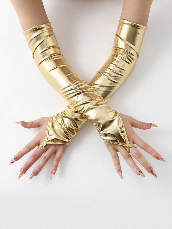 1 Pair Women's Party Long PU Leather Fingerless Gloves, Sexy Decorative Arm Warmers Suitable For Wedding & Party