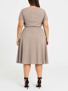 Women's Plus Size Linen Set, Basic Blouse And Midi Skirt, Social Evangelical Fashion, Cargo Pocket With Buttons And Bow - 米色 - 查看 4