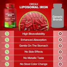 ORZAX Iron Supplement 25 Mg -Liposomal Technology- High Bioavailability 90 Vegetable Capsules, Helps New Blood Cell Production, Non-Constipating, Non-GMO &Amp; Gluten Free, For Women, Men, Adults - Tên hương vịA - Xem 6