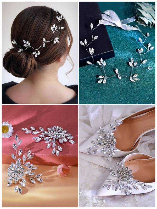 1 Set Elegant Rhinestone Headband, Shoe Clips, High Heels Detachable Shoe Flower Bridal Hair Accessories Wedding Supplies