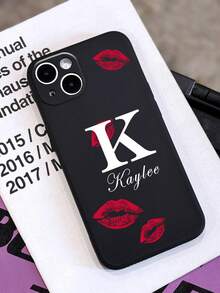 Black Mirror Element Customized 1pc Signature Letter & Red Lip Pattern Mirror Phone Case Compatible With IPhone 11 12 13 14 15 16 Pro Max Spring Gift Anniversary - Black - View 3