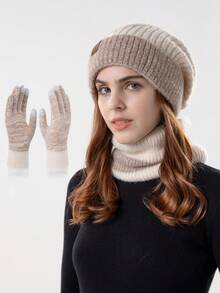 JOYLORD 女士两件套帽子围巾套装/单顶帽子/双色加厚保暖护耳针织帽，秋冬季情人节礼物 - 卡其色 - 查看 6