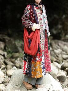 LUZU JUNU Women's Trench Coat Floral Print Long Cotton Linen Jacke Cottagecore Clothing Patchwork Outwear Bohemian Unique - 復古灰色毛絨襯裡 - 查看 6