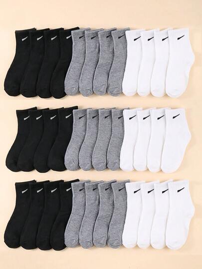 20 双儿童纯色条纹休闲中筒袜，柔软舒适保暖，适合学生，秋冬