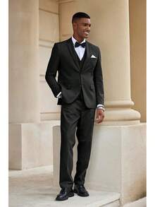 Men's 3 Piece Linen Suits Casual Lightweight Blazer Jackets Vest Pants Set For Wedding Business Promhalloween - Black - View 2