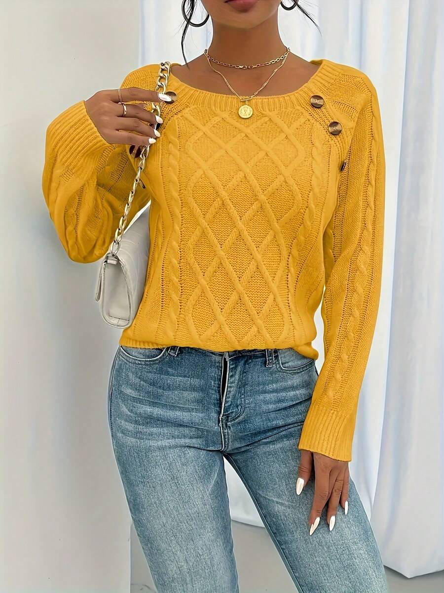 Ladies' Casual Street Style Button Detail Knit Top, Plus Size Long Sleeve Sweater For Spring-Summer Transition & American Holidays    Vacation Outfits Women / Summer Outfits For Women / Summer Tops / Summer / Summer Clothes / Beach Outfits For Woman / Tops For Women / Festival Outfits For Women / Easter Outfits For Women - 黃色 - 查看 1