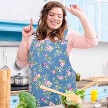Plus Size Floral Aprons Women, Adjustable Kitchen Aprons With 2 Pockets Vintage Floral Aprons Gifts, 39x 39 In - Màu xanh hải quân - Xem 7