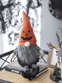 8.3x4.7x23.5" Fabric Sitting Gnome With Orange Knit Hat, For Halloween Decor