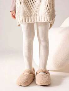 1pc Girls/Toddlers/Infants Thermal Tights, Beige Striped Soft & Comfortable Thermal Lined, Warm & Versatile For Autumn/Winter Daily Wear, Back To School, Travel, Holidays - Beige - View 3