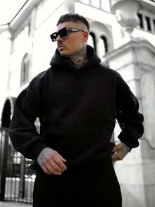 Men's Graphic Print Hooded Sweatshirt - Black With Blue Geometric Design, Loose Fit Long Sleeve Casual Streetwear For Teens & Young Adults, Sporty Comfortable Pullover,Fall Hoodies,Men's Fall Clothes,Street Wear,Halloween,Mens Hoodies,Y2k Clothes,Jesus Hoodie,Thanksgiving Day,Nightmare Before Christmas,Christmas - Black - View 2