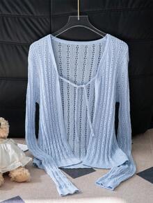 秋季蓝色镂空系带针织毛衣女上衣，V领长袖短款开衫 - 藍色 - 查看 9