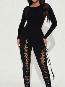 女士秋冬新款性感镂空系带长袖连体裤 黑色 春季优雅 - 黑色 - 查看 3