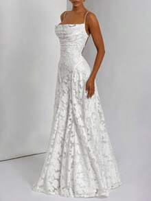Elegant Off-The-Shoulder Jacquard Lace Strap Dress, Waist Tie, Graceful Evening Gown - 白色 - 查看 5
