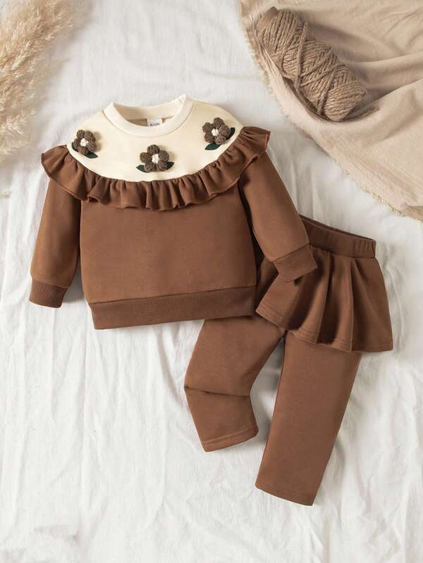 Baby Mädchen Farbblock Blumen Rüschen Saum Lässig Sweatshirt Set, geeignet für Herbst/Winter