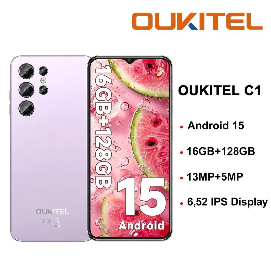 OUKITEL C1 无锁智能手机，6.52 英寸高清+显示屏，16(4+12)GB+128GB/1TB 内存，Android 15 操作系统，双卡双待 4G，13MP+5MP 摄像头，5150mAh 电池，指纹解锁，OTG/GPS（不含充电器） - 粉色 - 查看 1