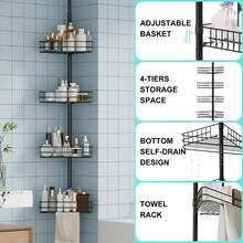 Adjustable Shower Caddy Corner For Bathroom, 4-Tier Rustproof Bathroom Organizer Shelves With Tension Pole, Floor Standing Bath Rack For Bathtub Shampoo Storag, Black - Black - View 3