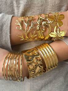 6pcs/3pcs/1pc Vintage Elegant Retro Coin Design Metal Geometric Asymmetrical Hollow Line Wrinkle Flower Wide Hammered Texture Adjustable Bangle Bracelet Set, Exaggerated American Hip-Hop Style Suitable For Women, Couples, Best Friends, Beach, Party, Music Festival, Date, Daily Wear, Jewelry Accessory (Random Style)