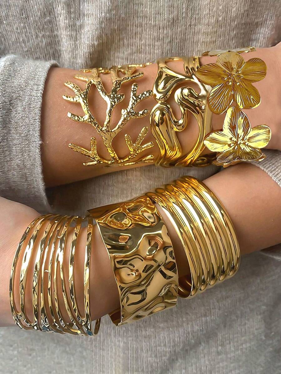 6pcs/3pcs/1pc Vintage Elegant Retro Coin Design Metal Geometric Asymmetrical Hollow Line Wrinkle Flower Wide Hammered Texture Adjustable Bangle Bracelet Set, Exaggerated American Hip-Hop Style Suitable For Women, Couples, Best Friends, Beach, Party, Music Festival, Date, Daily Wear, Jewelry Accessory (Random Style)