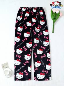 Sanrio Women's Hello Kitty Cute Cartoon Flannel Pajama Pants, Soft, Fluffy, Non-Sheer, Suitable For Lounging At Home, Fall Winter