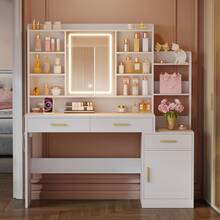 HaluPeit 39.3''  Vanity Desk With HD Mirror And Lights,  Makeup Vanity With Power Strip, 3 Drawers And 9 Storage Shelves, Storage Behind The Mirror, DressingTable With Bedside Table, White - View 3