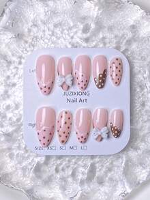 10片手工按压式短指甲贴，波点美甲贴，法式美甲贴纸，棕色美甲贴，红色美甲贴，黑色美甲贴，白色美甲贴，粉色美甲贴，蓝色美甲贴，可爱美甲贴，畅销手工五角星美甲贴，3D瓢虫蝴蝶结装饰杏仁形美甲贴纸，女士和女孩美甲用品，手工按压式指甲贴 - 粉色 - 查看 7