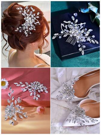 1 Set Elegant Women's Rhinestone Hair Clip & Shoe Buckle Set, Bridal Bridesmaid Headpiece Hair Accessories & Detachable Shoe Clips, Wedding Supplies