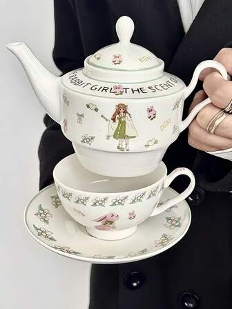 1 set rustikt keramiskt dryckesset med kaninflicka, inkluderar tekanna och koppar, fransk vintage lattekopp och fatset, retro landsbygdste med tekanna och desserttallrikar, lämplig för restaurang, vardagsrum, café, sammankomster