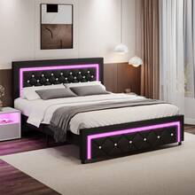 Twin/ Full/ Queen Size Bed Frame With LED Lights, Upholstered Platform Bed With Diamond Tufted Headboard, No Box Spring Needed, Noise Free, Easy Assembly, Black/ White/ Pink, Twin/ Full/ Queen - màu đen - Xem 11