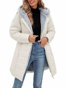 Chaqueta de plumas larga y ajustada para mujer, resistente al viento e invierno, con forro de piel para el esquí y el transporte - Beis - Ver 8