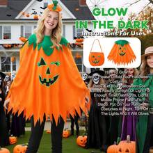 3 件套万圣节派对成人南瓜服装套装：夜光南瓜图案长袍、南瓜手提包和头带 - 橘色 - 查看 3