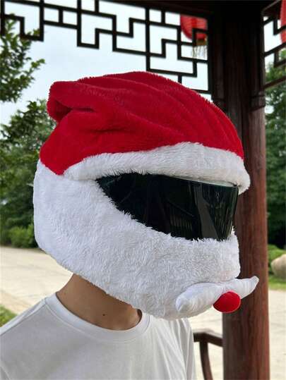 毛绒圣诞帽摩托车全盔头套骑行面罩圣诞老人帽套骑行专用冬季圣诞头盔装饰套防护套