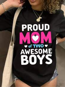 Plus Size Women's Proud Mom Graphic T-Shirt -  Proud Mom Of 2 Awesome   Slogan With Hearts & Stars, Black Casual Tee, Comfortable Round Neck, Machine Washable, All-Season Wear, Sports Mom Apparel - 黑色 - 查看 1
