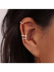 3pcs Fashionable Minimalist Non-Pierced No Ear Hole Copper Cubic Zirconia Clip Earrings Set - Silver - View 6