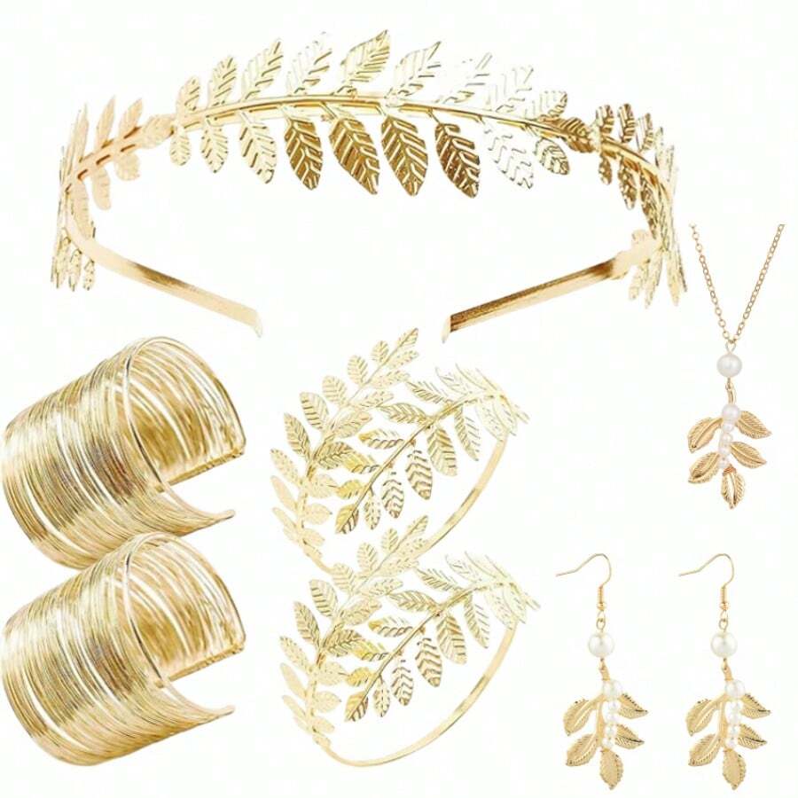7pcs Vintage Greek Costume Set, Shiny Pearl Leaf Headpiece, Greek Outfit, Halloween Carnival Cosplay Party, Spiral Bracelet, Necklace, Headpiece, Earrings, Luxury Goddess Halloween Masquerade Attire And Accessories - Multicolor - View 1