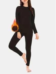 2件女士保暖内衣套装，长款打底衫套装，女士运动内衣套装，上衣和下装，女士柔软睡衣套装，纯黑色，简约设计，弹性面料适合秋冬寒冷天气。 - 黑色 - 查看 5