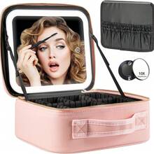 Makeup Bag With Mirror And Light Travel Makeup Train Case Cosmetic Organizer Portable Artist Storage Bag With Adjustable Dividers Makeup Brushes Storage Organizer - 粉色 - 查看 7