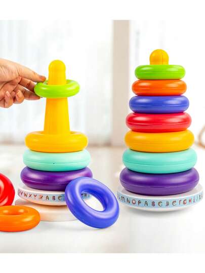 1set Random Color Baby Ring Toys, Baby Bell Soothing Emotional Sound Toys, Tumblers, Baby Rainbow Colored Tower Shaped Ring Toys, Early Childhood Education Puzzle Toys, Baby Enlightenment Toys, Birthday Gifts, Party Gifts