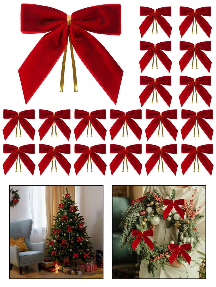 20pcs-Red Small Velvet Christmas Bow For Christmas Tree, Garland, Gift Wrap, Crafts, Wedding, Party, Twisted Rope Bow For Gift Bags, Baking Bags, Home Decor - Twisted Rope Bow