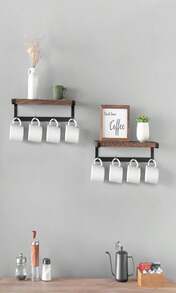 Dahey Mug Holder Wall Mounted Mug Rack With Hooks, Set Of 2, Storage Rustic Floating Shelf Coffee Bar Accessories Wood Coffee Cup Hanger For Organizing Cooking Utensil Home Kitchen Decor, Brown