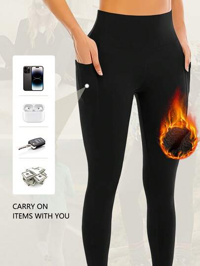 1Pc Fleece Lined Yoga Leggings With Side Pockets, Suitable For Autumn/Winter Yoga & Workout Tights