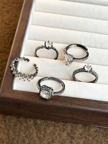 Bộ 5 nhẫn đính đá Cubic Zirconia khảm đồng thanh lịch, thời trang đơn giản, thích hợp cho đám cưới, tiệc tùng, quà tặng ngày lễ, cô dâu, Halloween, phụ nữ - Màu Đen Súng - Xem 4