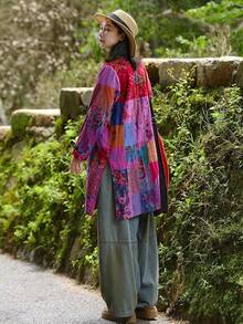 LUZU JUNU Women's Trench Coat Floral Print Long Cotton Linen Jacke Cottagecore Clothing Patchwork Outwear Bohemian Unique - 玫瑰夾克 - 查看 5
