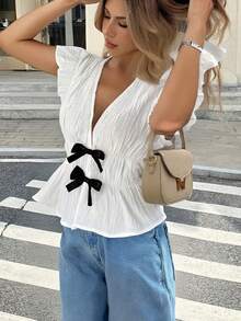 Women's Bow Detail Open Front Cardigan, Sweetheart Cover Up For Resort And Daily Wear - White - View 3